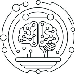 Illustration of a brain as a circuit board encased by interconnected nodes. Represents artificial intelligence (AI)