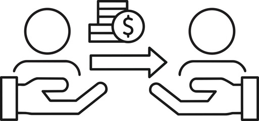 Line art depicts a transaction: money moving from one person's open hand to another's, symbolizing finance, payment, or exchange. This icon is ideal for illustrating money transfer concepts
