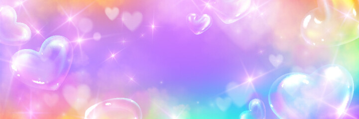 Heart shaped bubbles with sparkle effects on pink and blue gradient background. Magical holographic hearts with glitter and rainbow light for romantic design. Dreamy heart bubbles with shimmering glow © klyaksun