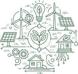 Green line art of renewable energy icons, including windmills, solar panels, and a lightbulb with a leaf. This icon illustrates concepts of sustainable future technology for a website