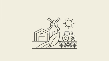 minimalist line art of a farm scene. It includes a barn, windmill, sun, tractor, plants, and crops.