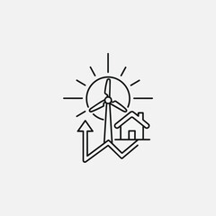 This icon shows a home with a wind turbine and the sun behind it. The drawing is meant to represent renewable energy sources providing power to homes.