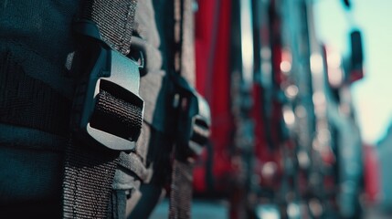 Medium shot of tightly fastened heavyduty straps securing a large cargo load on a transport truck with blurred background highlighting strap tension