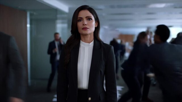 Confident professional woman standing calm composed center chaotic corporate office, colleagues shouting gesturing aggressively her, papers flying, phones ringing, cinematic lighting, slow-motion, 4k