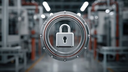 Lock Icon Overlay in a Factory Environment with Complex Network and Standard Elements, Emphasizing Security Features and Industrial Themes