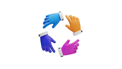 Four colorful 3D hands in a circle