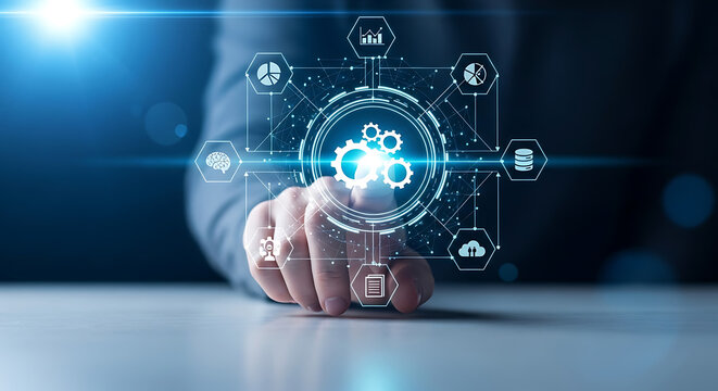 Hand activates glowing gear in digital network, symbolizing business process automation, data management, and strategic technology for digital transformation - Powered by Adobe
