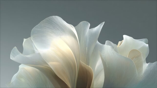 Ethereal silken fabric elegantly draped and manipulated into flowing curves and delicate textures