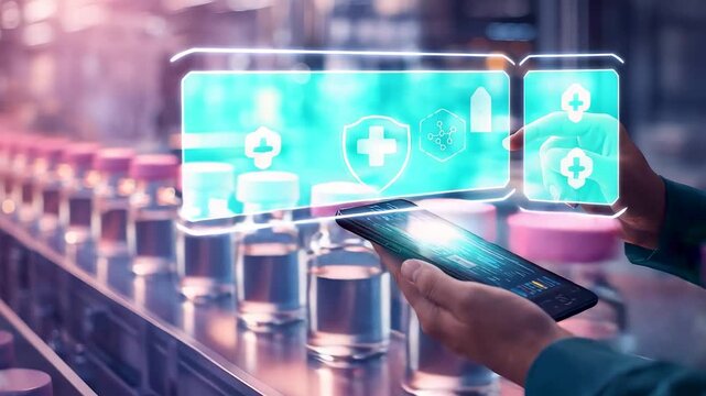 Pharmaceutical quality control technician using tablet on sterile production line with digital healthcare interface and medicine safety monitoring