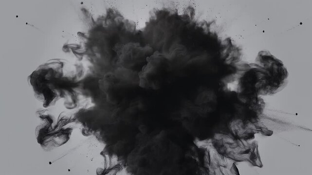 Dynamic abstract black smoke explosion creating an intense visual effect with scattering particles on a light gray background, reminiscent of an ink cloud burst