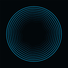 Blue concentric wavy lines and glowing spheres that makes a rounded abstract shape.