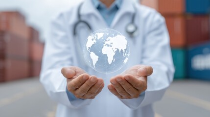 Doctor in White Coat Holding Holographic World Map Against Blurred Background of Shipping Containers in Industrial Setting