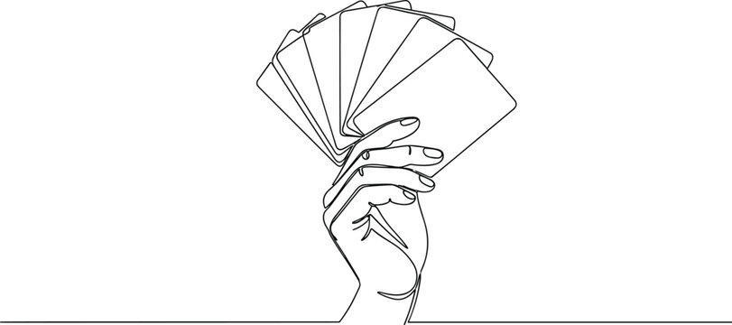 Hand holding blank playing cards minimalist line art illustration poker casino game vector isolated white background continuous outline style