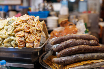 Dumplings and sausage in Korean market