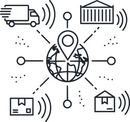 A graphic for logistics; it depicts a globe with a location marker at its center, and is connected by lines to icons of a delivery truck, shipping container, and cardboard boxes