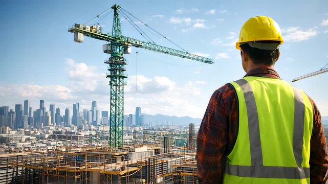 Construction worker wearing safety helmet overlooking city skyline with tower crane at active building site showing urban development progress