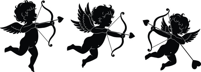 Cupid cherub silhouettes flying with bow and heart arrows symbolizing love romance valentine celebration mythology black vector illustration