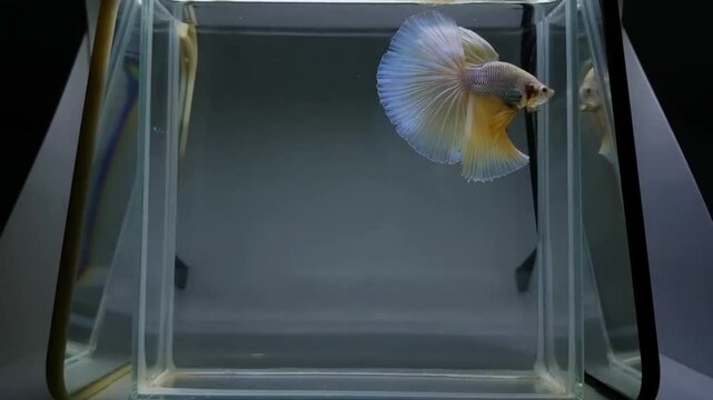 Betta fish male fancy yellow halfmoon long tail from Thailand, Siamese fighting fish on isolated Grey background.
