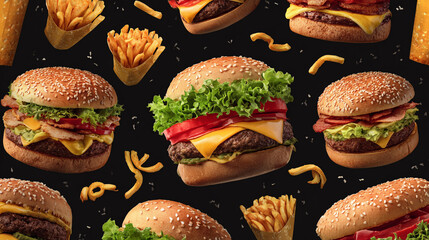Dynamic Seamless Pattern of Delicious Hamburgers with Bacon and Golden French Fries on a Dark Background, Fast Food Meal.