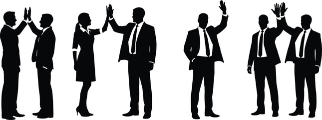 Fototapeta premium Business people silhouettes giving high five gesture teamwork success partnership agreement celebration corporate collaboration leadership isolated black vector illustration
