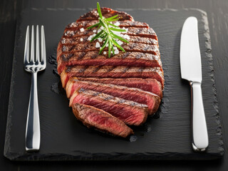 Sliced steak with rosemary garnish on slate