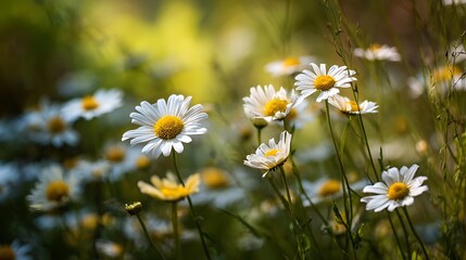 garden full of daisies and chamomile under warm sunlight, fresh green tones, realistic depth, shallow focus DSLR shot