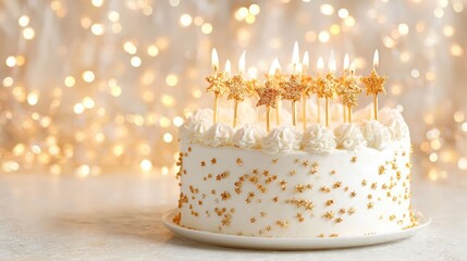 Elegant white birthday cake decorated with gold stars and lit candles against a bokeh golden light background