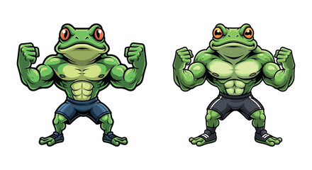 Fototapeta premium Two muscular cartoon frogs showing off their strength with flexed arms in a playful pose.
