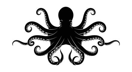 A stylized black octopus with curling tentacles, a captivating sea creature illustration with © Alis