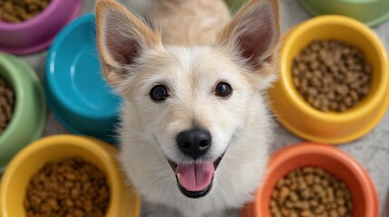 Happy dog posing playfully beside bright bowls filled with pet food, showcasing a friendly and inviting atmosphere for pet lovers and animal enthusiasts.