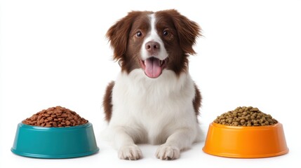 Happy dog posing between two brightly colored bowls filled with pet food, showcasing a playful and friendly pet in a vibrant setting