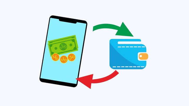 Riyal smartphone wallet displays global financial transfers with arrows, ideal for illustrating modern currency transactions. Suitable for financial, technology concepts.