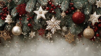 Bright christmas decoration with snowflakes, stars, and ornaments hanging among leaves and branches during the festive season indoors