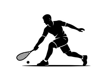 Obraz premium Black silhouette of squash player in dynamic action pose with racket. Clean vector illustration perfect for sports design, logos, and athletic graphics.