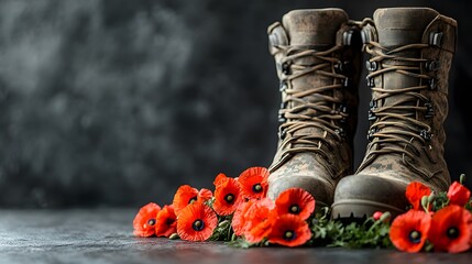 Military boots surrounded by red poppy flowers on a dark surface