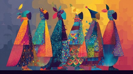 Abstract figures in vibrant mosaic patterns and colors