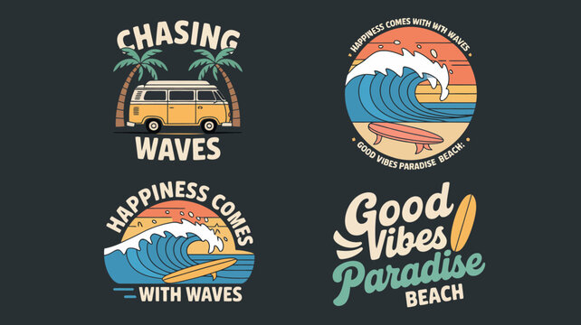Vibrant Beach-Themed Retro Surfing Designs with Surfboards and Vans