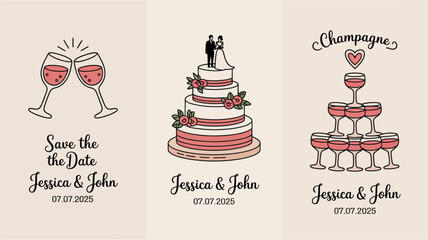 Wedding Save the Date Cards with Cake, Glasses, and Champagne