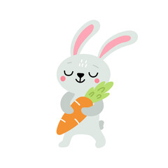 Obraz premium Cute Easter bunny sticker illustration with carrot isolated on a transparent background