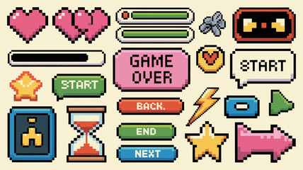 Retro Pixel Art Game Icons and UI Elements Collection © DesignHub