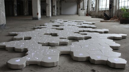Complex array of interlocking polished ceramic modules with scattered lights on an industrial floor