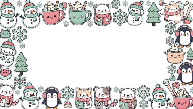Cute kawaii winter character frame with animals and cocoa