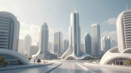 Naklejka premium A futuristic cityscape featuring sleek, modern skyscrapers with unique architectural designs, surrounded by smooth curves and soft clouds in the background.