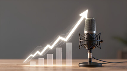 A microphone beside a rising graph symbolizes growth and success in audio or podcasting industries.
