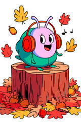 Cute cartoon insect enjoying autumn vibes on a tree stump