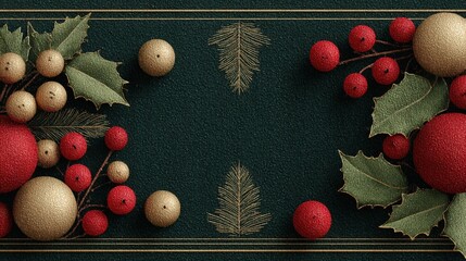 Luxury Christmas greeting card vector set with pine tree, holly leaves, and ornaments on a red and green background for festive invitations and social media posts