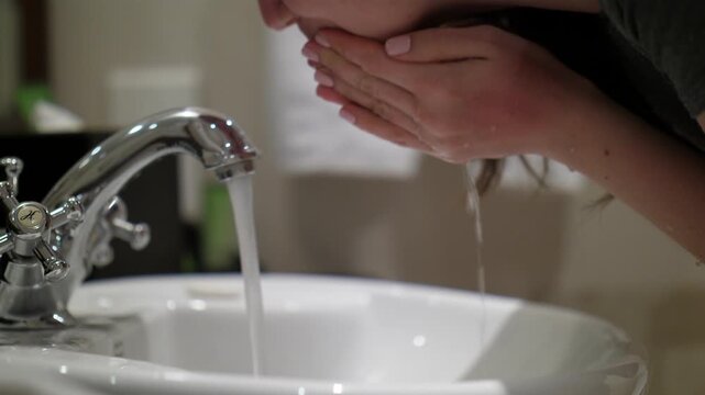 Woman splash tap water on face, morning routine of sleepy or tired person. Close view from side, lady stay with hands cupped under pouring water, then move hands up and wash face