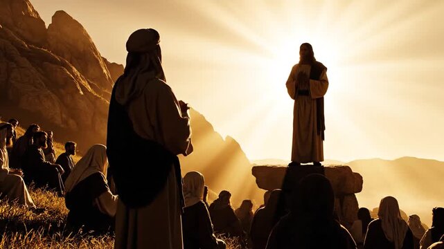 P93-Jesus delivers sermon silhouette spiritual guidance and biblical teaching. 4K 10s