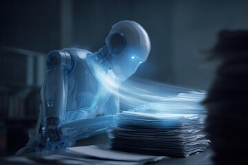 Holographic robot processing large stacks of paper documents, transforming physical records into digital data using advanced artificial intelligence