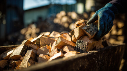 Hand stacking firewood logs close view winter preparation rural work heating energy lifestyle use
